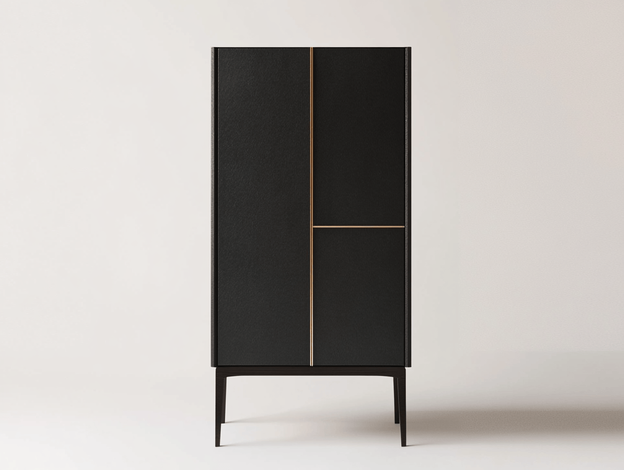 Armario vertical elegante con detalles dorados, color negro, material madera y metal, adecuado para interiores, tamaño: 50x40x180 cm