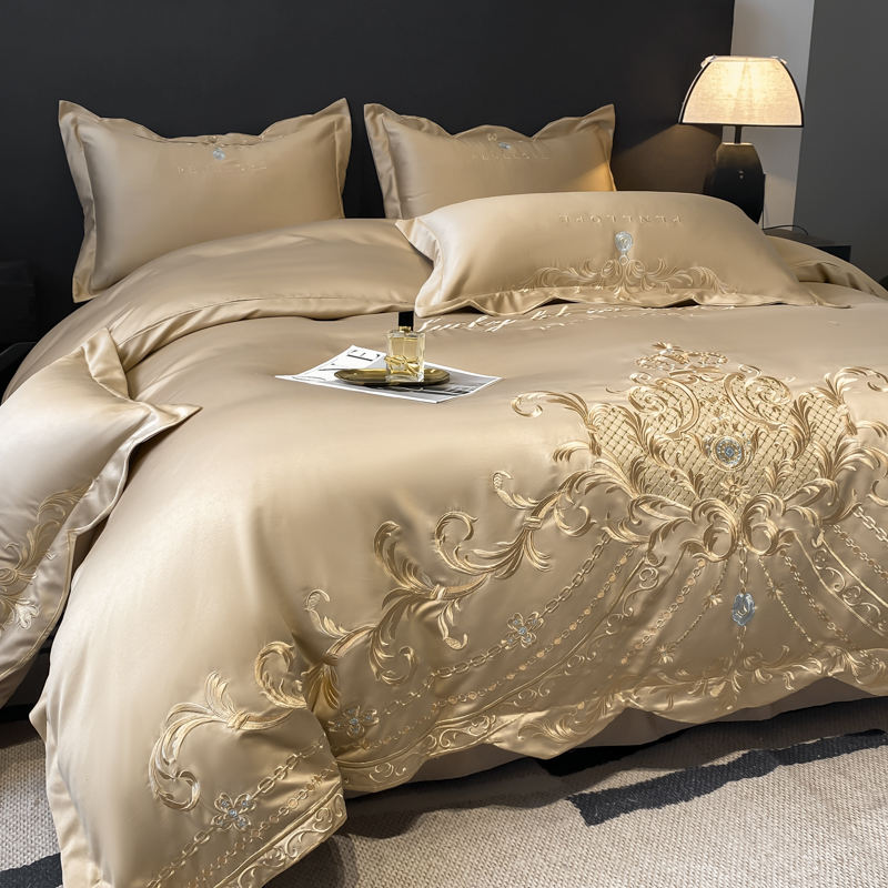 High Quality Ice Silk Cotton Bedding Set European Style Four Piece Bed Sheet Set With Embroidery