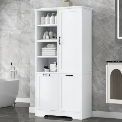 Multi-Functional Bathroom Storage Cabinet with Doors, Drawers, and Tilt-Out Laundry Hamper