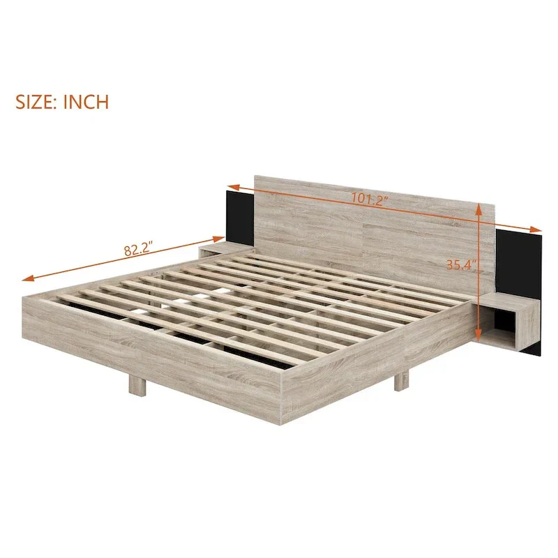 Modern King Size Wooden Floating Bed Frame with Nightstand and LED - Slatted Support Design
