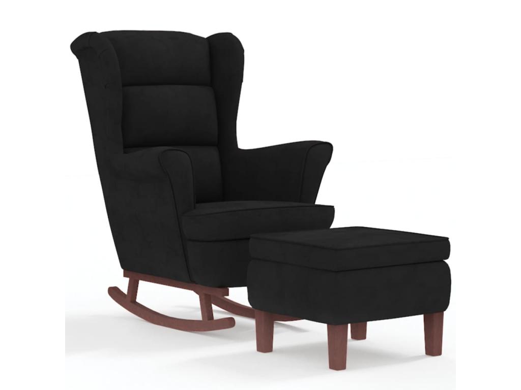 Sillón mecedora patas madera y taburete terciopelo negro