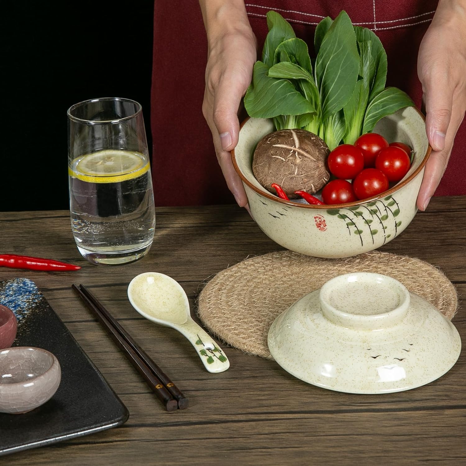 Ceramic Ramen Bowl Set of 2, Ramen Noodle Bowl with Lid 27oz Japanese Retro Style Soup, Pho, Udon Bowls, Matching Spoons and Chopsticks for Microwave & Dishwasher Safe, Twig