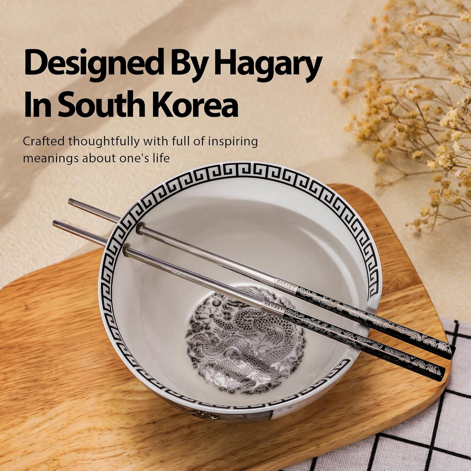 Hagary Dragon Ceramic Bowls Japanese Korean Soup Bowl Pasta Salad Dessert Serving Bowls Housewarming Wedding Gifts Designed in Korea (With Chopsticks) (Black, 20 oz - 1pc)