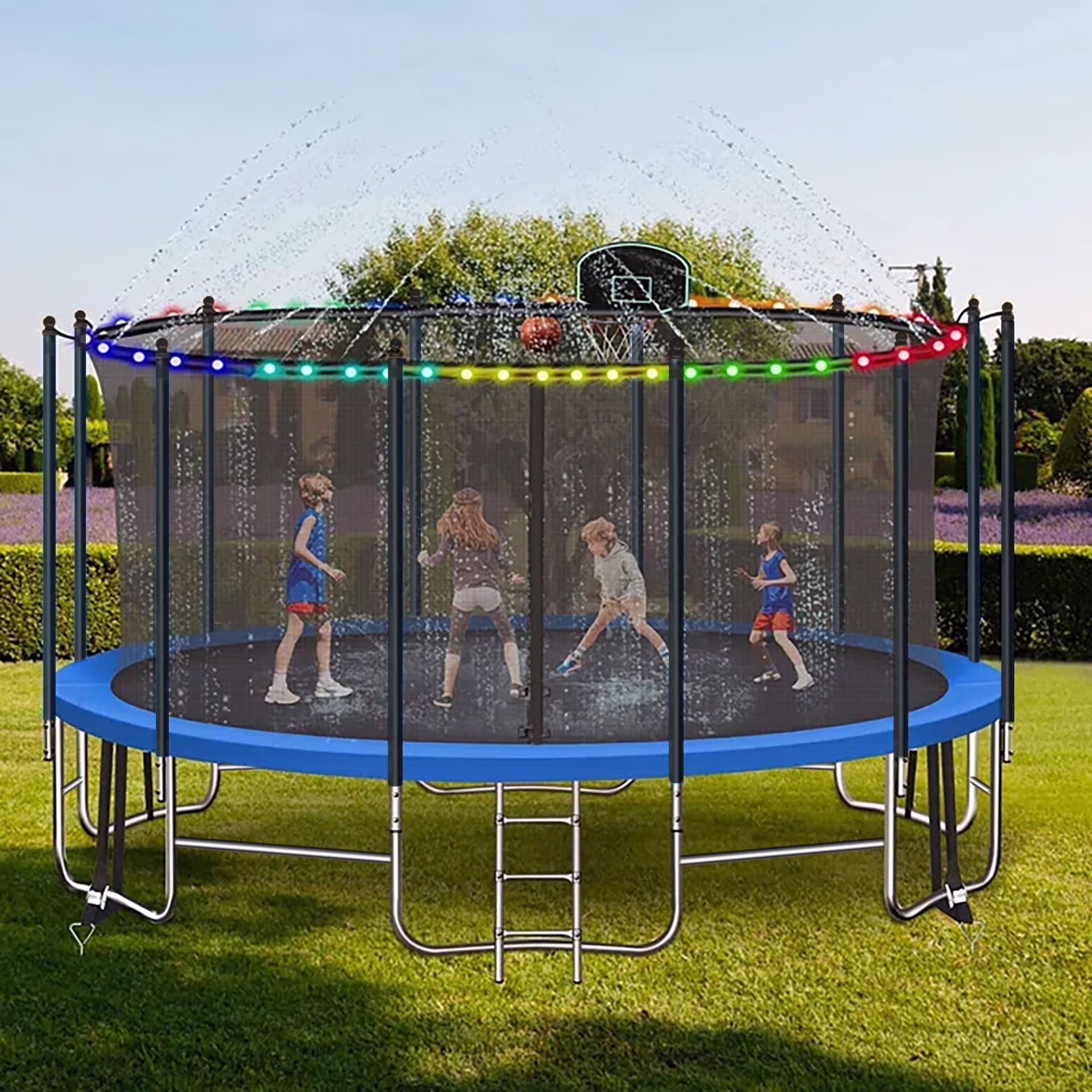 16FT Trampoline for 8 - 9 Kids Adults with Basketball Hoop, Enclosure, Light, Sprinkler, Socks, 2000 lb Outdoor Round Heavy Duty Recreational Backyard Trampoline(12FT + Light Sprinkler Basketball Socks/Blue)