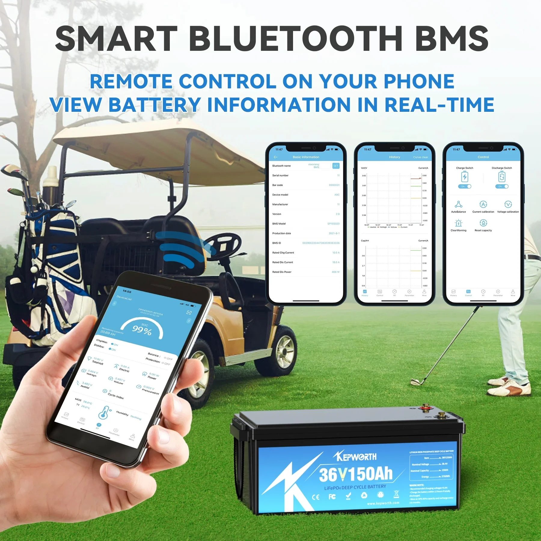 KEPWORTH 36V 150Ah LiFePO4 Battery, Lithium Batteries with 200A BMS, Rechargeable Deep Cycle, Perfect for Trolling Motor, Golf Cart, Marine, Camper, RV, Solar Power, Off Grid