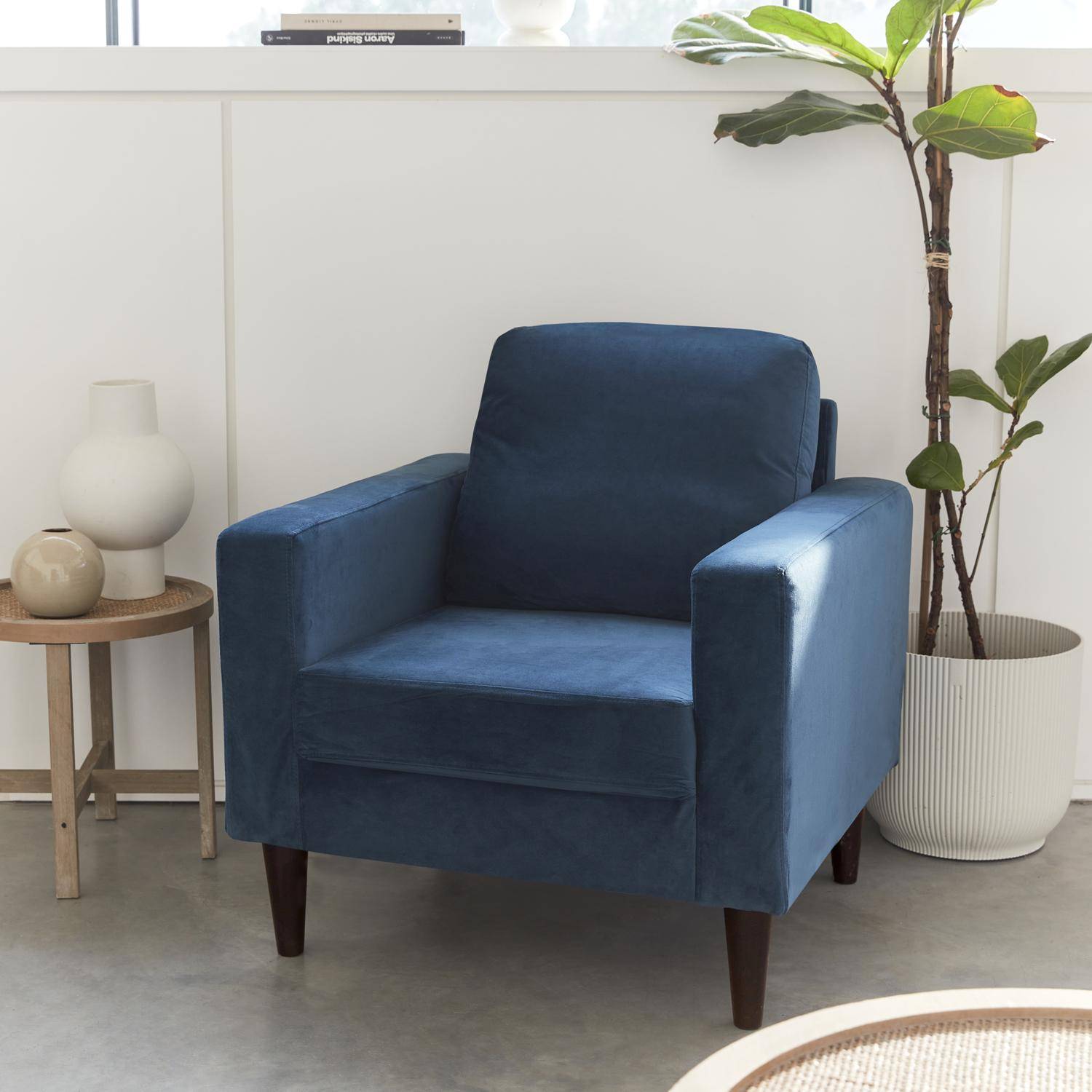 Bjorn terciopelo - Sillón vintage de terciopelo con patas de madera