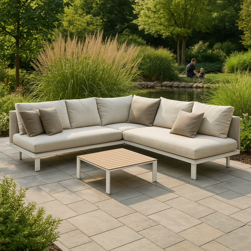 Sofá rinconera de exterior en color beige con mesa auxiliar – estilo minimalista