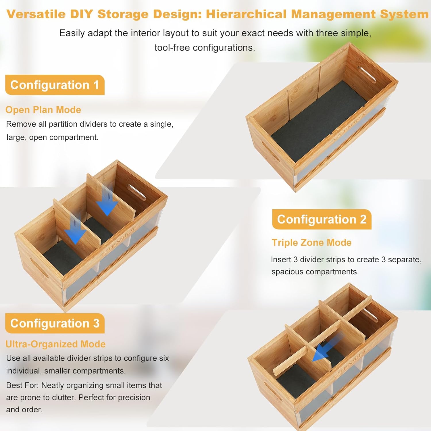yazi Extra Large Bamboo Utensil Holder for Kitchen Counter - 6 Compartment Silverware Organizer with Natural Drying Stone, Rustic Farmhouse Decor for Home Chefs