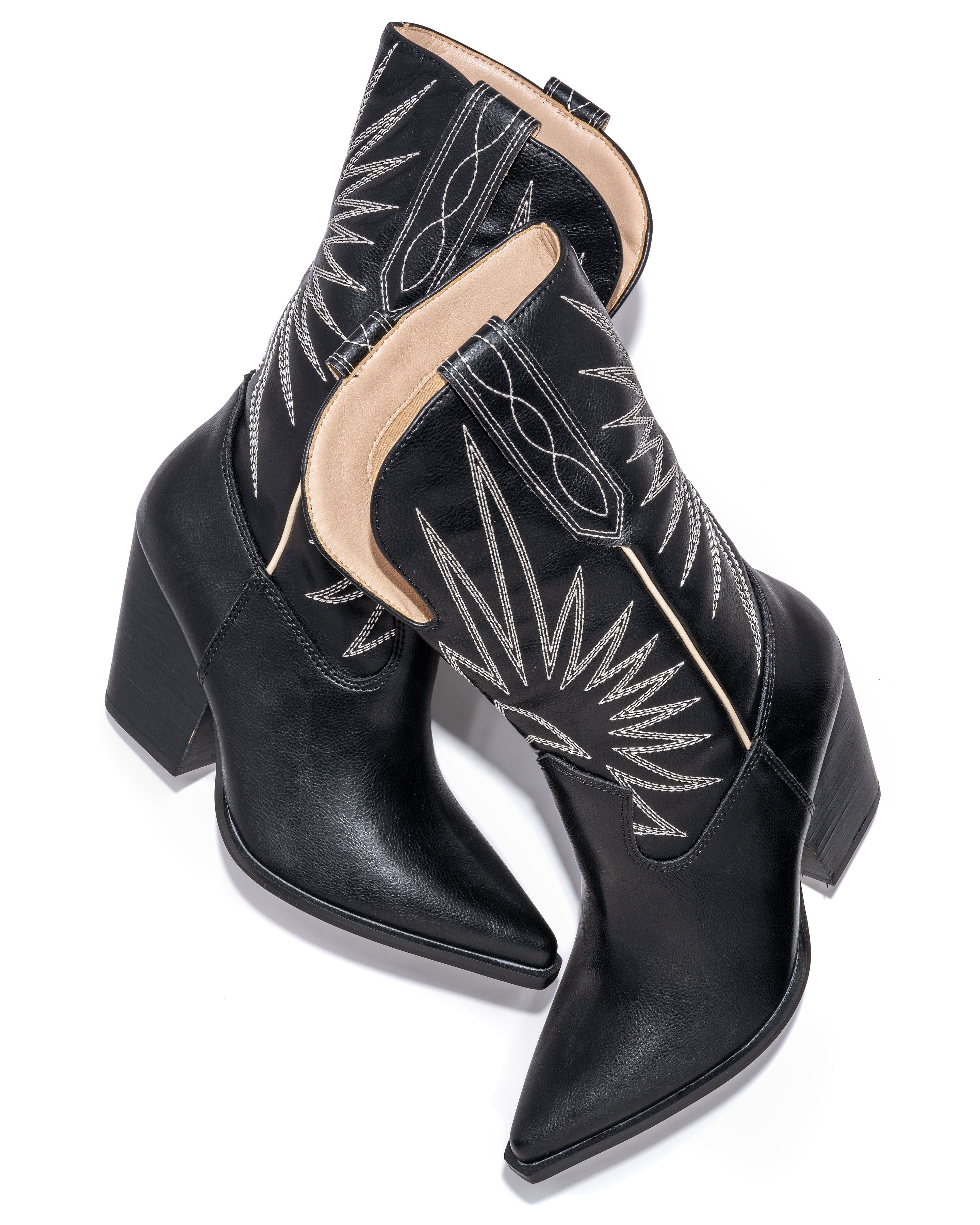 Liya Embroidered Heeled Western Boot - Black - Se7enfashion