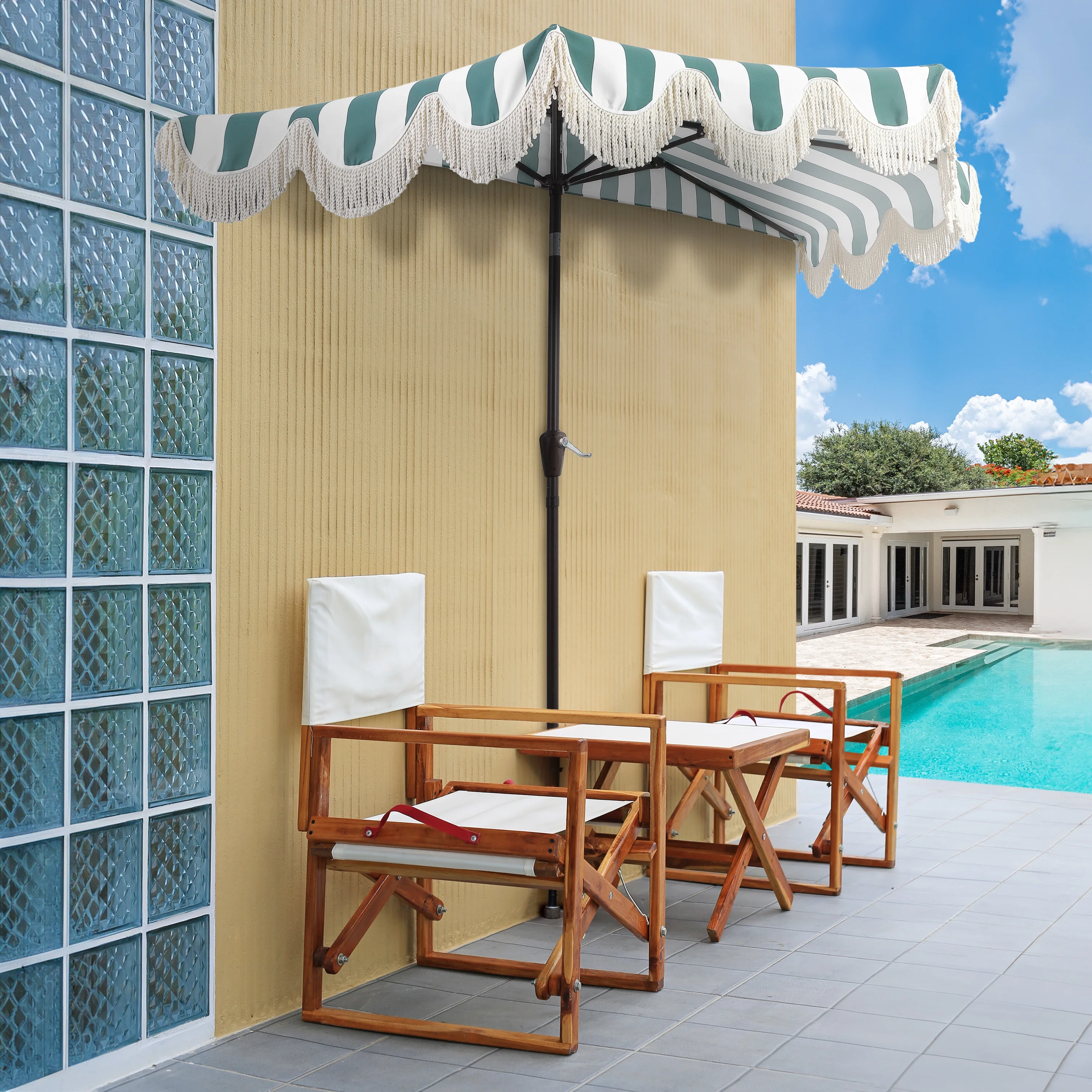 JONATHAN Y Beverly 9 ft. Half Market Patio Umbrella, Designer Classic Scalloped Fringe with Crank, Tilt Button and UV Protection, Blue/White/Cream, Dark Brown Pole - Image 24
