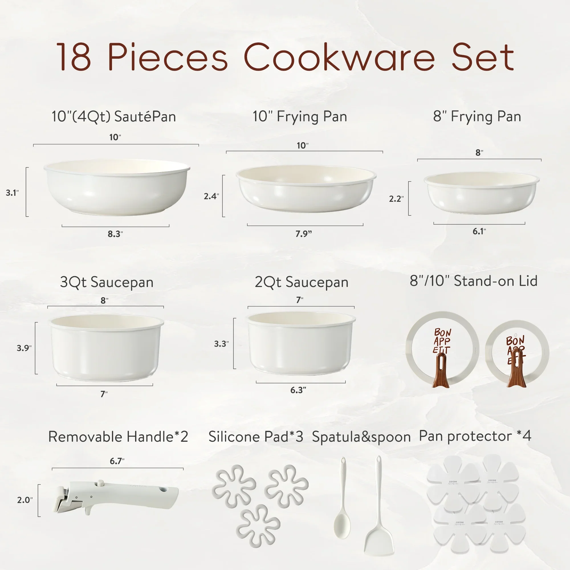 Carote 18 Pcs Ceramic Nonstick Cookware Set, Pots and Pans Set with Detachable Handles, Oven/Dishwasher Safe, Stackable Kitchen Cooking Set, White