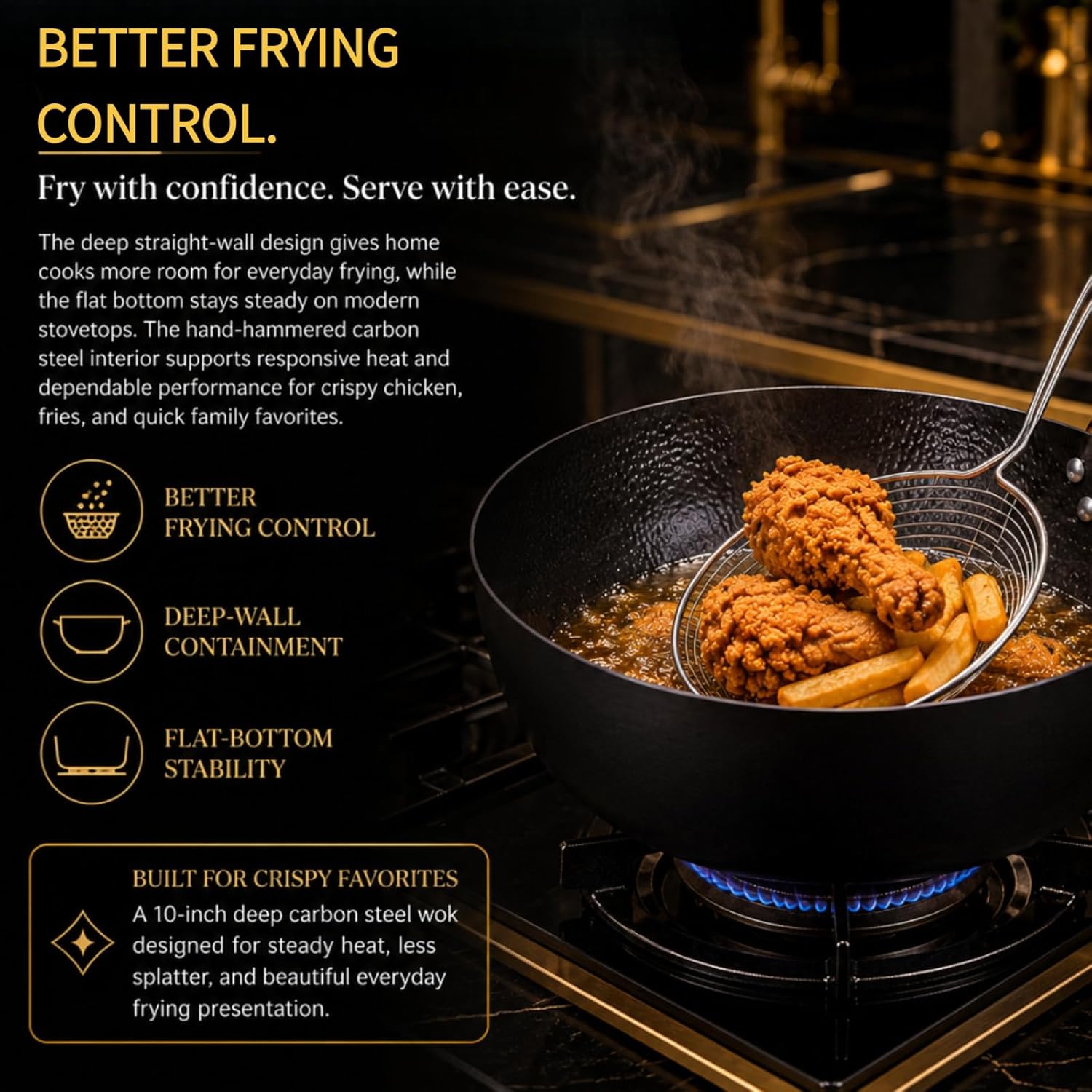 Calmabode Carbon Steel Wok with Lid, 10 Inch Hand Hammered Deep Flat Bottom Wok Pan, Pre-Seasoned Nitrided Stir Fry Pan, Detachable Handle, Oven Safe, All Stovetops, Induction Compatible