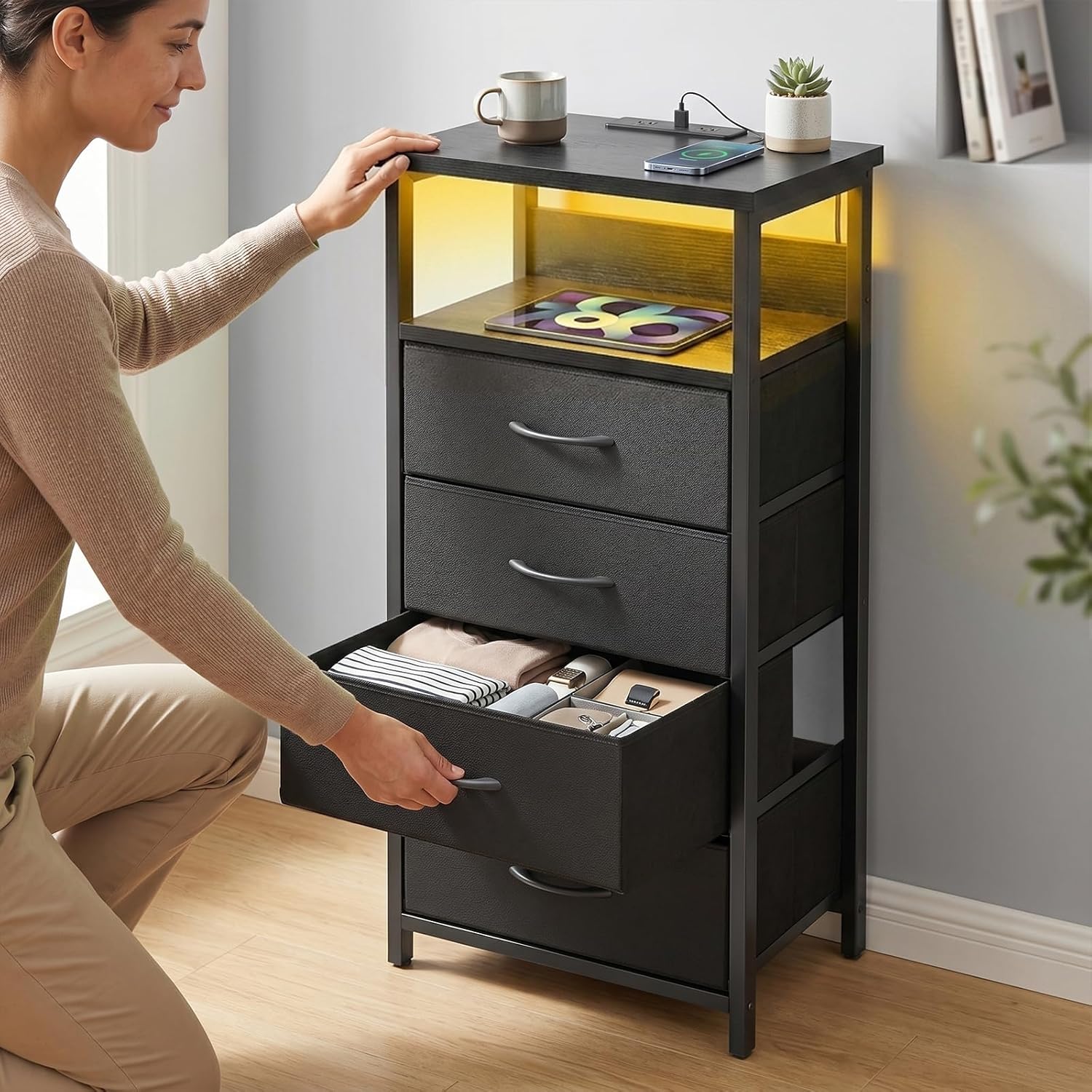 Black Tall Nightstand with Charging Station, 4 Fabric Drawers, RGB LED & Open Shelves - Image 8 Black Tall Nightstand with Charging Station, 4 Fabric Drawers, RGB LED & Open Shelves - Image 8