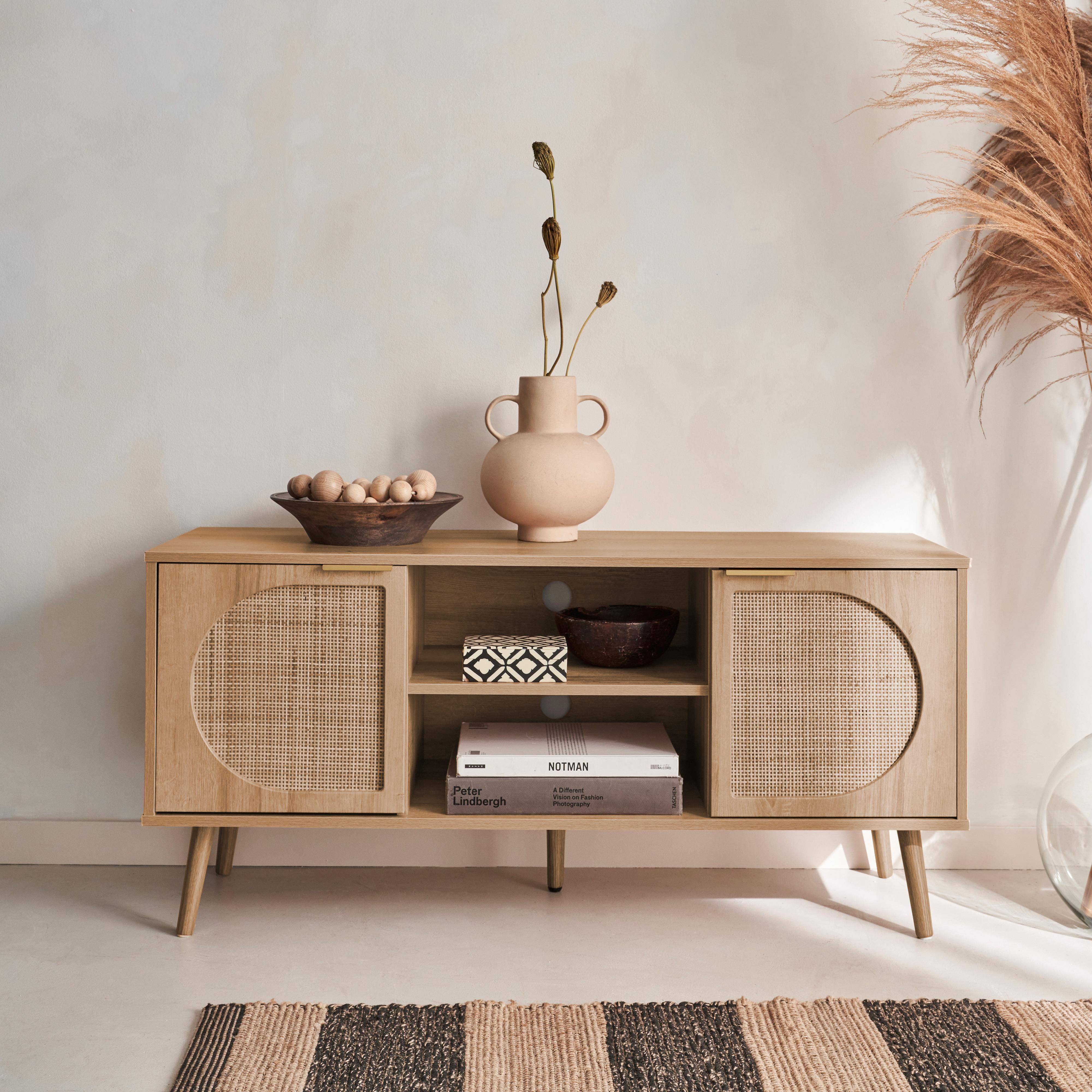 Eva - Mueble de TV en madera y caña redondeada, 120cm