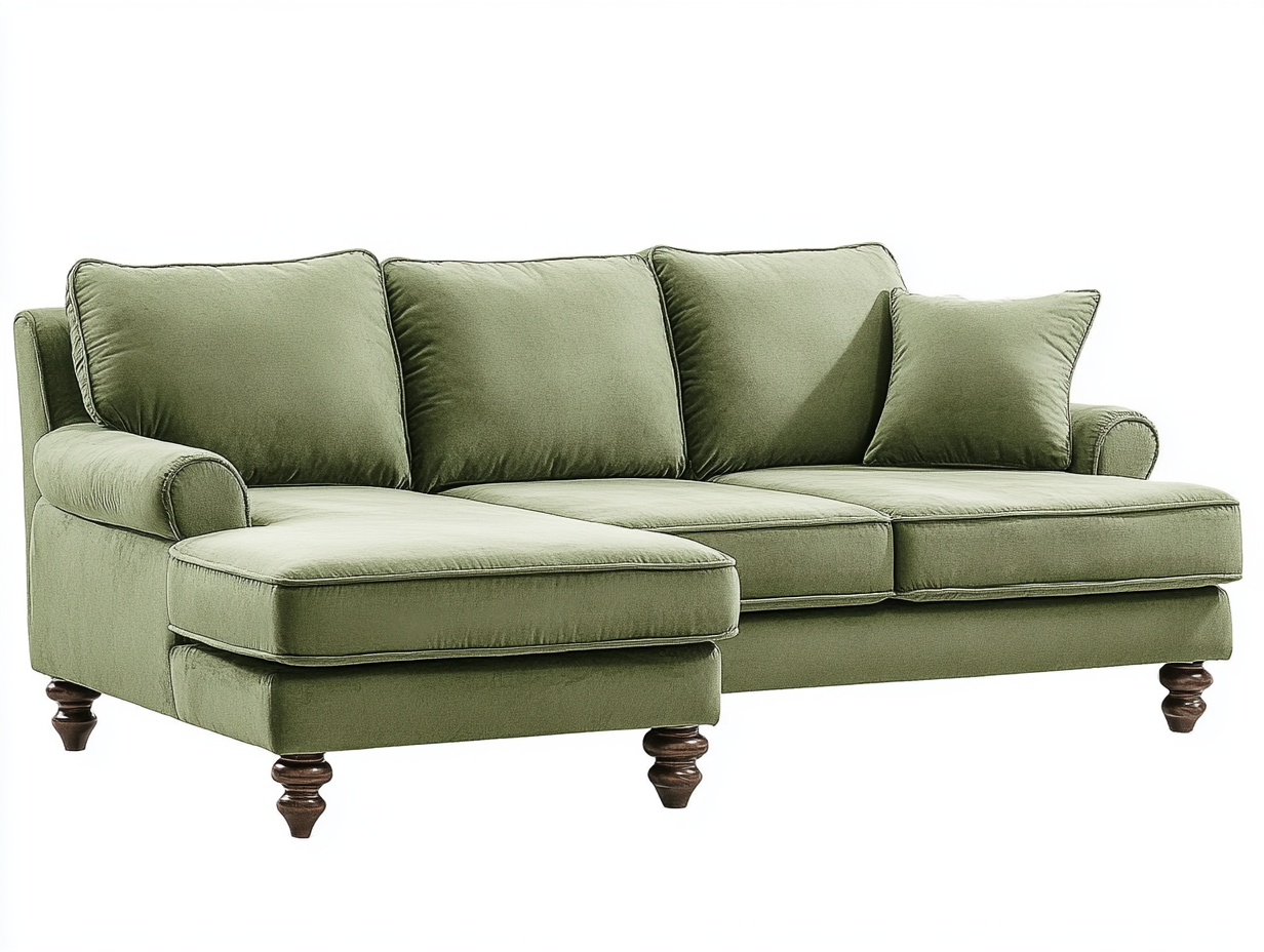 Sofá chaise longue clásico tapizado en terciopelo verde con patas torneadas 235x160cm DC6596538