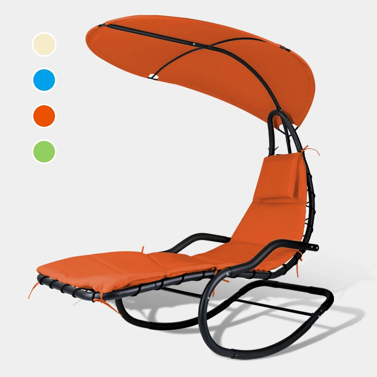 2X Rocking Hanging Lounge Chair - Curved Chaise Rocking Lounge Chair Swing For Backyard Patio w/ Built-in Pillow Removable Canopy with stand {Green} - Image 13