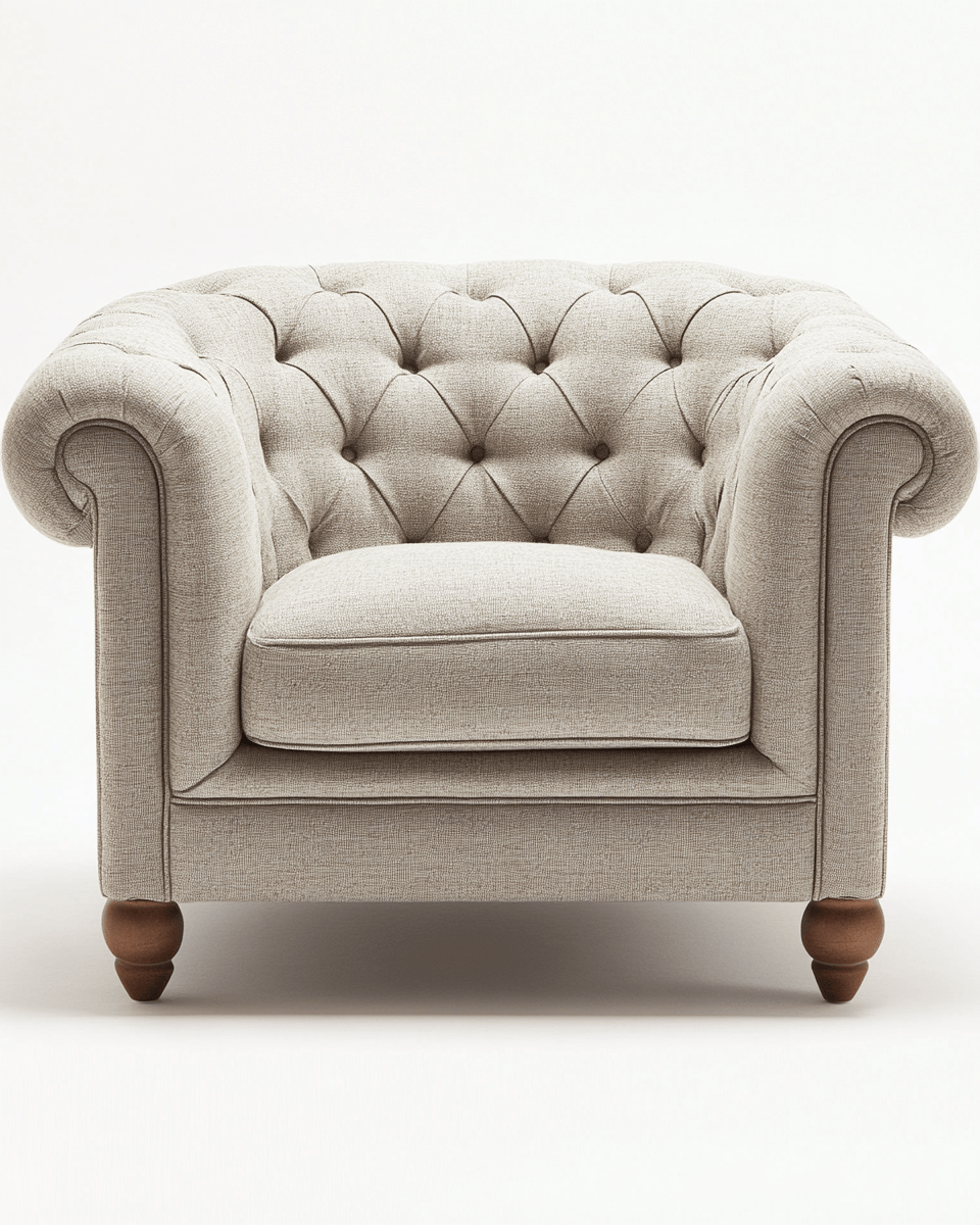 Sillón Chesterfield tapizado en tela con patas de madera – gris claro – estilo clásico