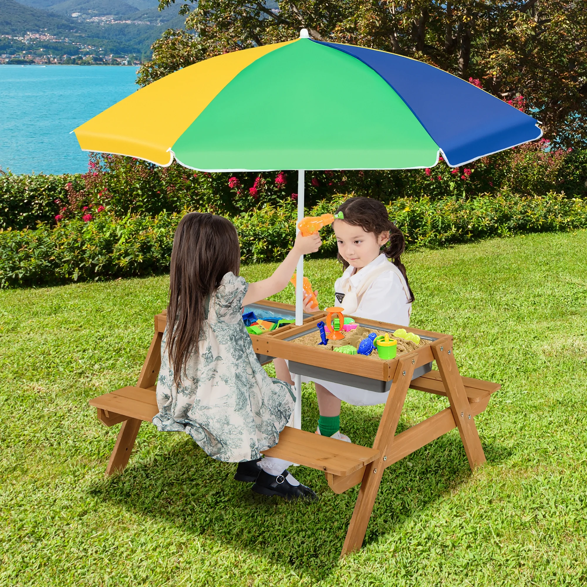 Costway 3-in-1 Kids Picnic Table Wooden Outdoor Sand & Water Table with Umbrella Play Boxes Green - Image 13