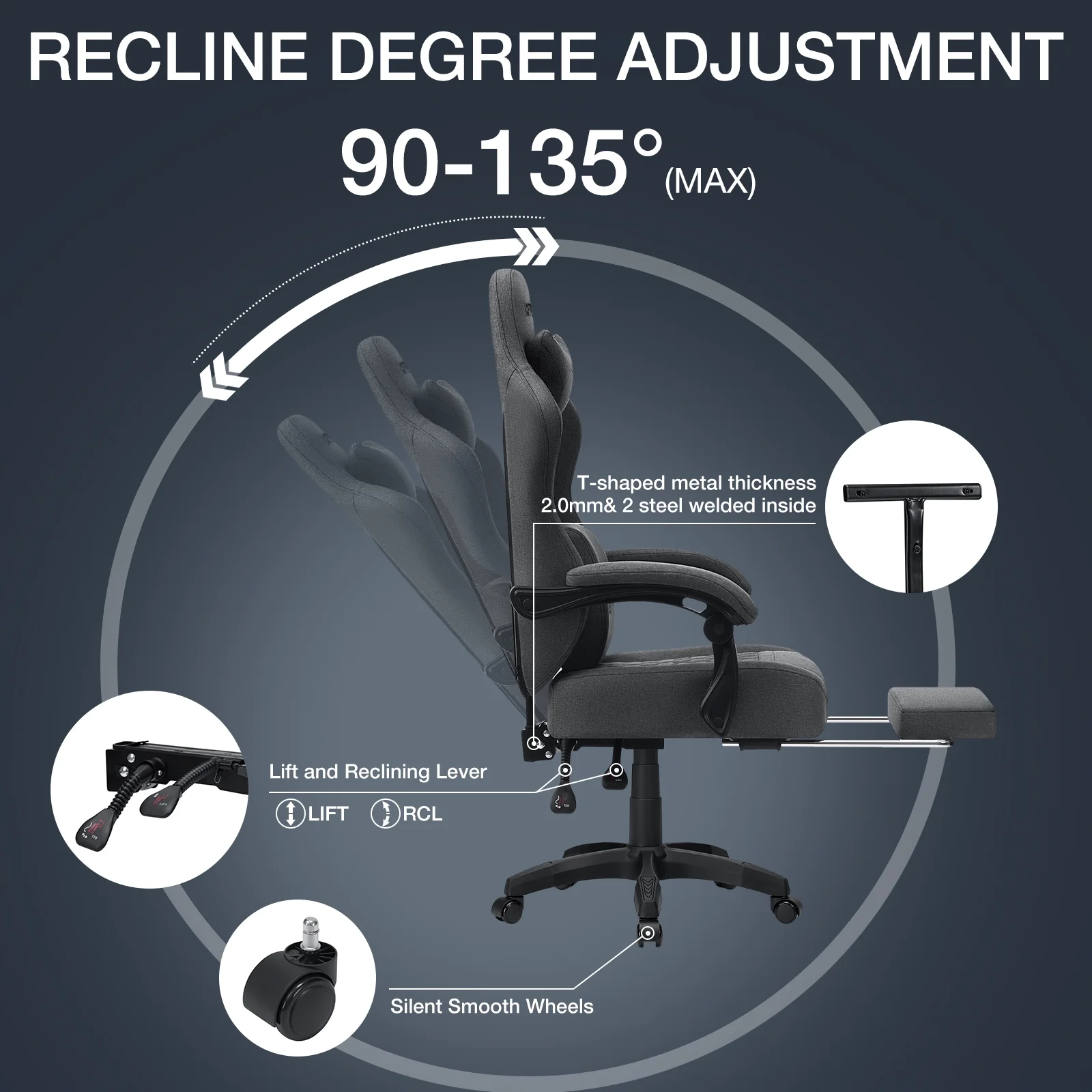 Hoffree Gaming Chair with Massage Fabric Office Chair with footrest for Adults, Ergonomic Gamer Chair with Headrest and Lumbar Support for Office Gaming, 440 LBS - Image 61
