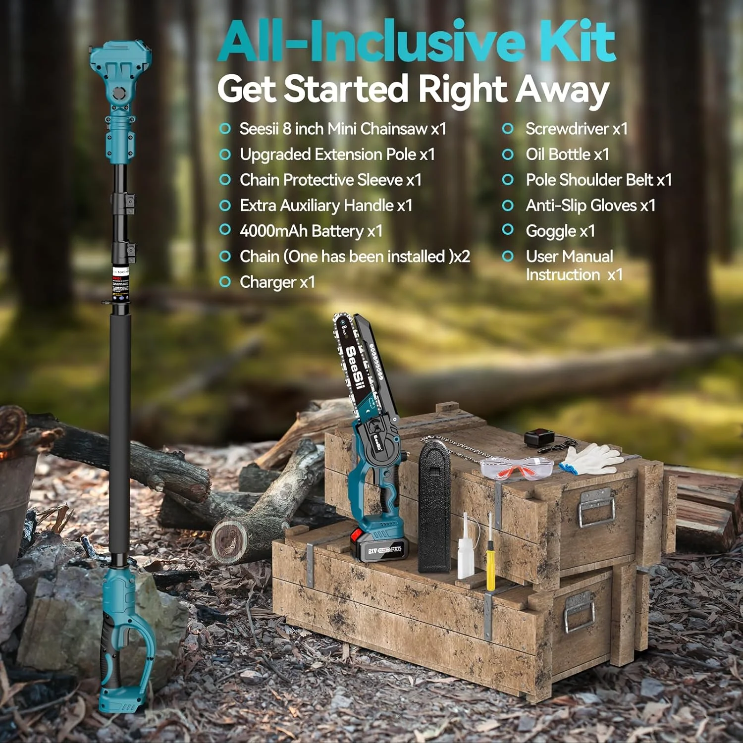 Seesii 2-in-1 Cordless Pole Saw, 8 Inch Brushless Mini Chainsaw with Extension Pole, 16ft Max Pole Saws with 2x 21V Batteries for Tree Trimming, Branches Pruning, Wood Cutting - Image 5