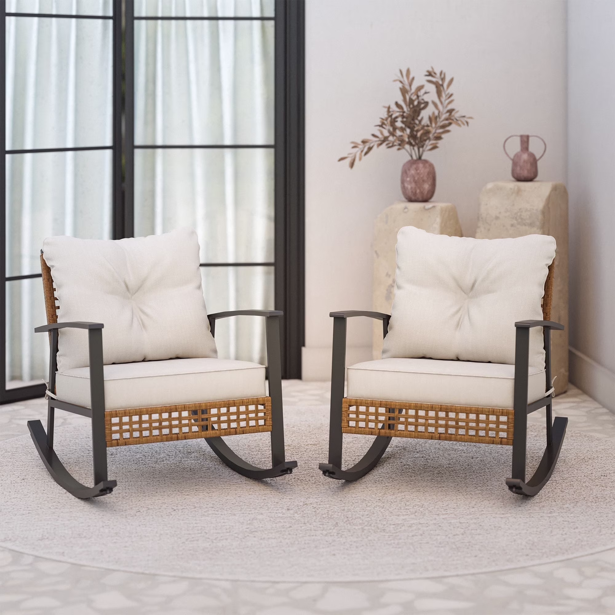 LAUSAINT HOME Outdoor Rocking Chair, Patio PE Rattan Chair with Beige Cushions - Image 3