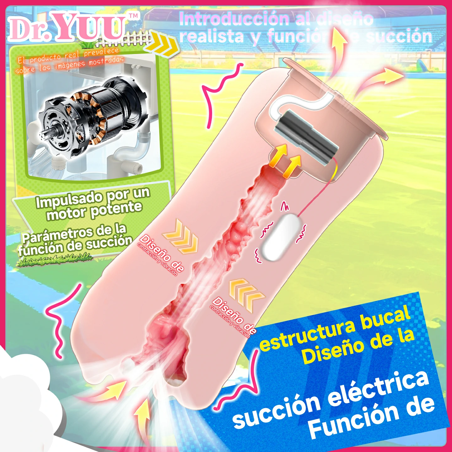 Vista interna del masturbador bucal Dr.YUU con motor potente y función de succión eléctrica.