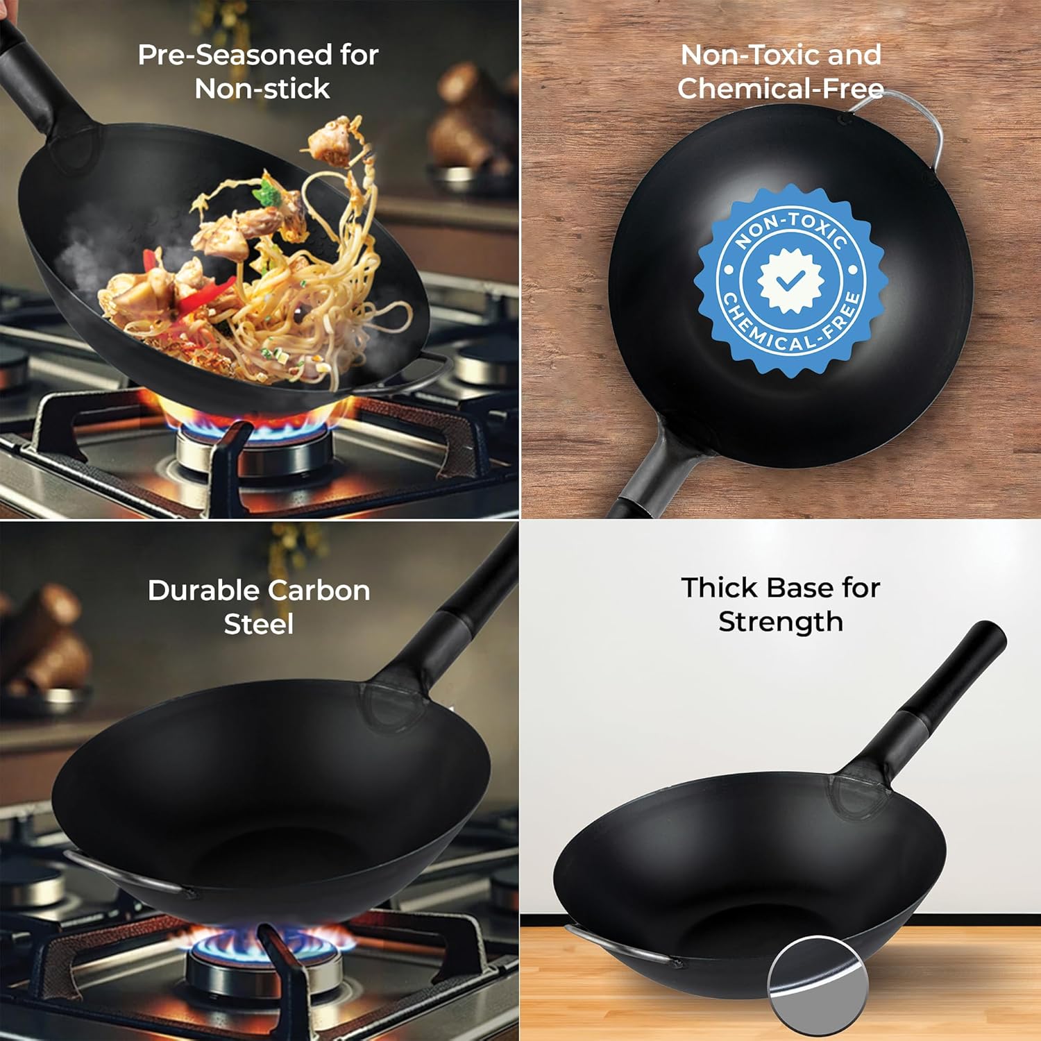 Restaurantware Carbon Steel Wok 1 Pack of 13.3 Inch Heavy-Duty Uniform Heat Distribution Pan Induction Compatible Flat Bottom Wok Welded Handle Black For Gas Stovetops And Grills