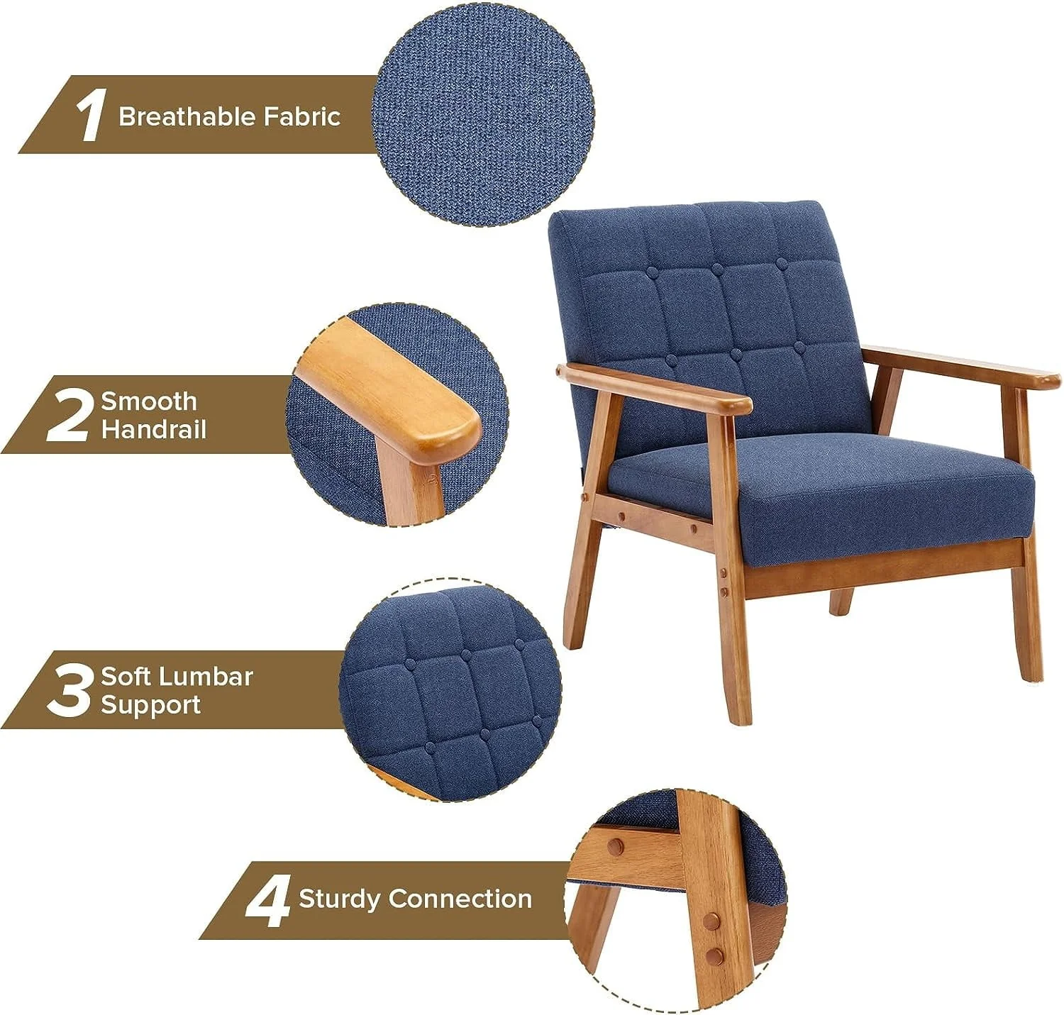 Ufurpie Mid Century Modern Armchair with Wood Frame,Linen Fabric Comfy Reading Chair,Accent Chair for Living Room Bedroom,Navy - Image 7