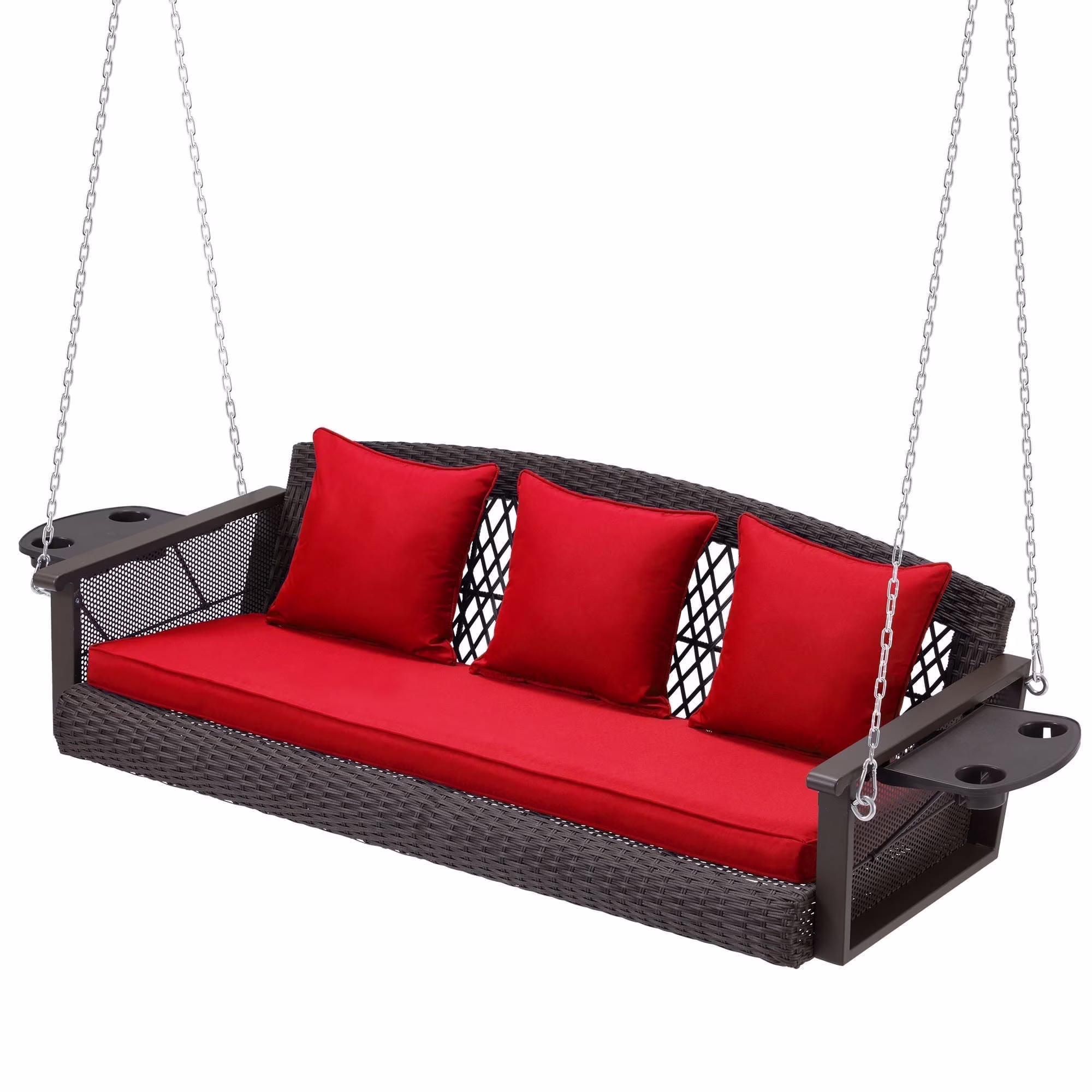 Homrest 3-Person Porch Swing 55in Wicker Hanging Swing Bench with Cushions and Cupholders for Deck, Garden and Backyard, Beige - Image 9