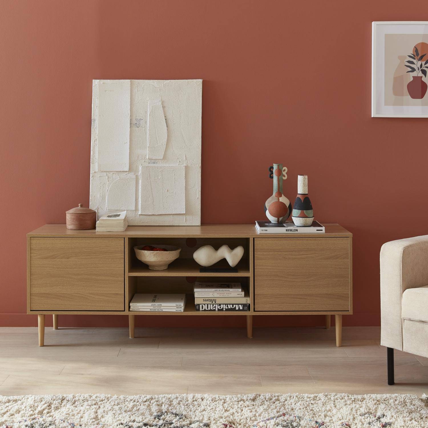 Mika - Mueble TV efecto madera con 2 niveles y 2 puertas,160cm