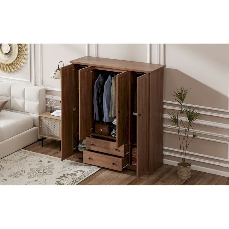 Freestanding 4-Door Wardrobe Armoire with 2 Drawers and Hanging Rods for Clothes Storage