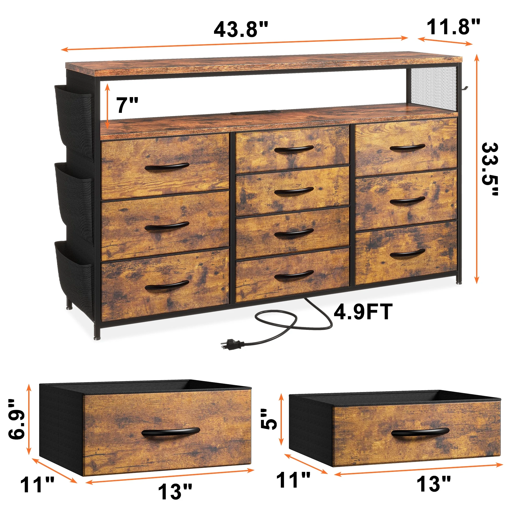 EnHomee Dressers for bedroom TV Stand with Power Outlets &LED Lights Wide Dresser with 10 Drawers&Side Pockets & Hook Fabric Chest of Drawers,Black - Image 28