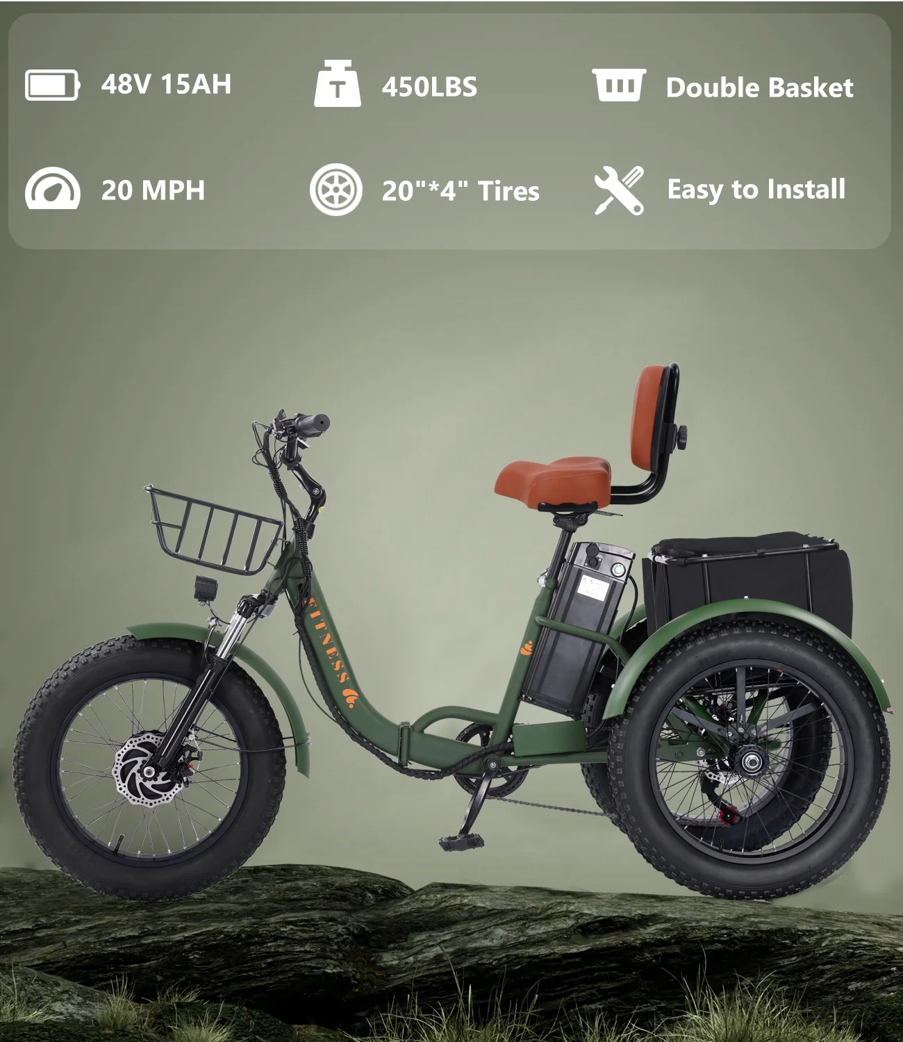 YEBEI Electric Tricycle for Adults Folding E-Trike Motorized Tricycle Electric 3 Wheels Trike Powerful 500W Motor Electric Tricycle 48V15AH Lithium Battery Max 20MPH 20*4.0- Fat Tire Orange - Image 18