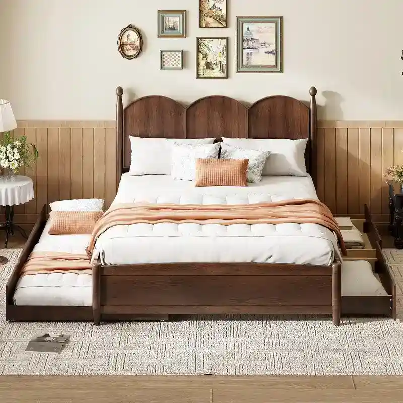 Queen Size Platform Bed with Vintage Headboard - Multifunctional Storage Frame Featuring Twin XL Trundle & 2 Drawers