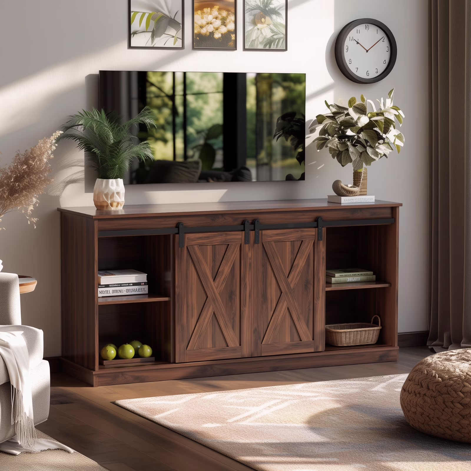 GIANNA TV Stand for Televisions up to 65 Inch, Entertainment Center with Sliding Barn Doors, Storage Cabinets and Media Shelves, Living Room Console Table, White - Image 3