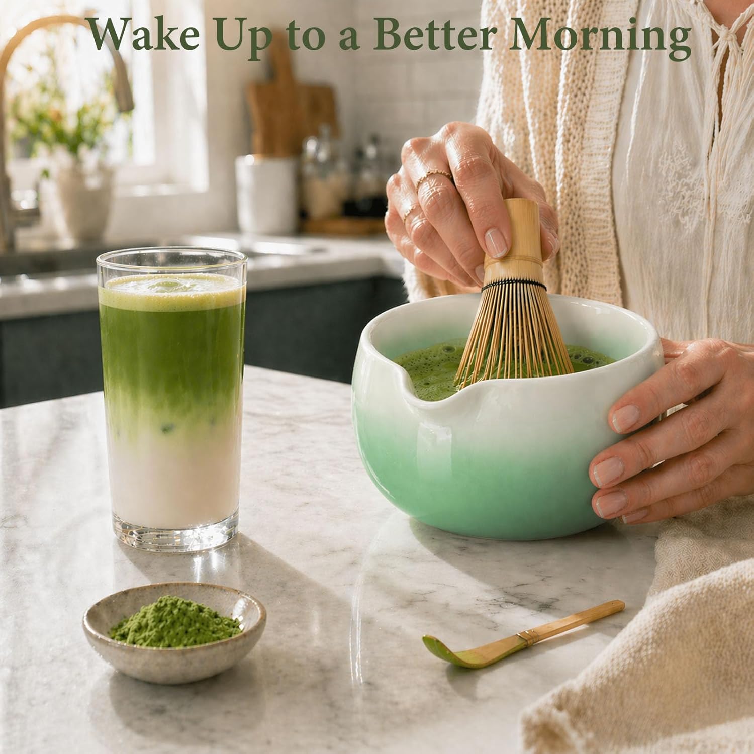 Matcha Whisk Set, Ceramic Matcha Set Includes Bowl & Holder, Bamboo Whisk (Chasen), Scoop, Spoon and Sifter, 6PCS Matcha Kit Covers Everything Needed for Making Matcha (Green)