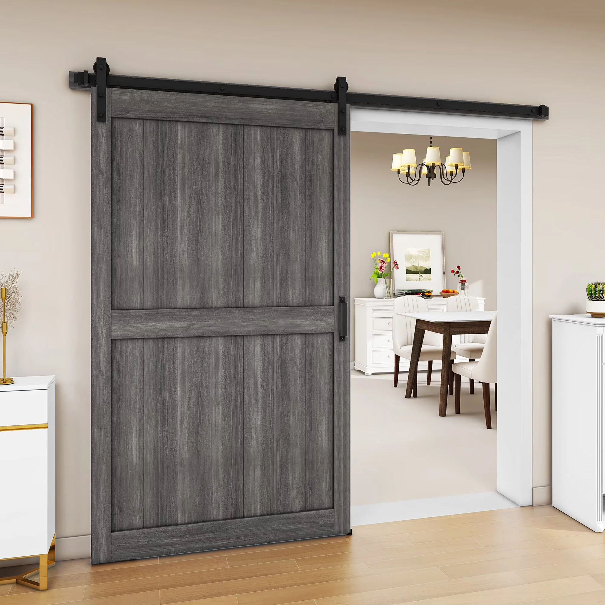 Uforic Sliding Barn Door With Hardware Kit, 48 x 84 in, Gray Uforic Sliding Barn Door With Hardware Kit, 48 x 84 in, Gray