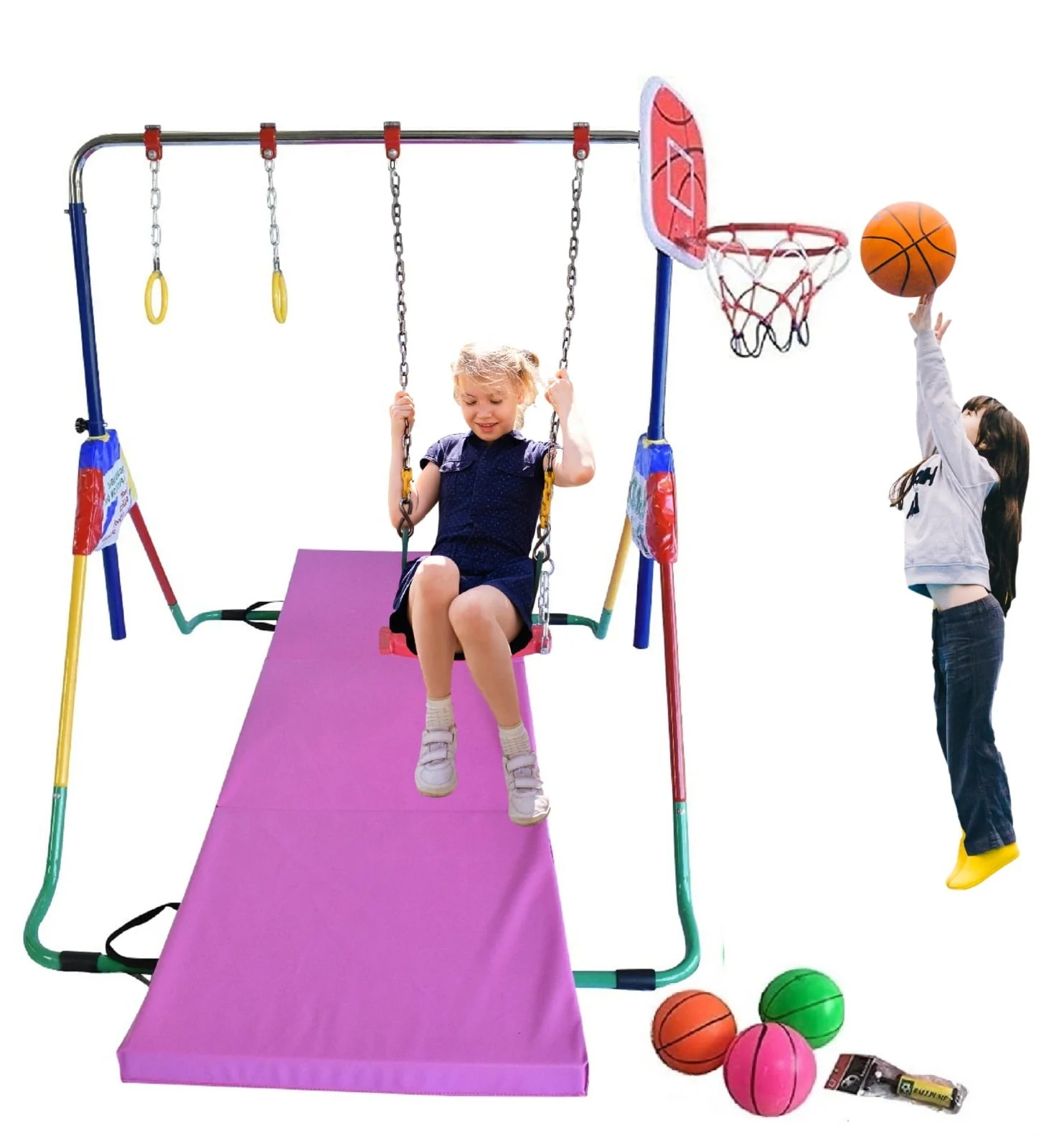 Adjustable Height Gymnastics Bar for Kids Kip Bar 6 in 1 Set, 6'x2' Gymnastic Tumble Mat, Swing Seat, 2 Trapeze Rings, Basketball Hoop, Home Junior Training Monkey Bars Fitness Balance Horizontal Bar - Image 2