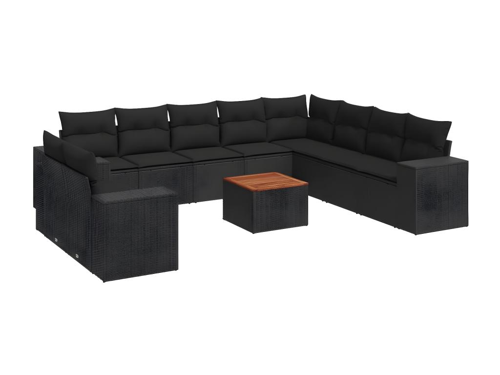 Set de sofás de jardín 11 pzas y cojines ratán sintético negro