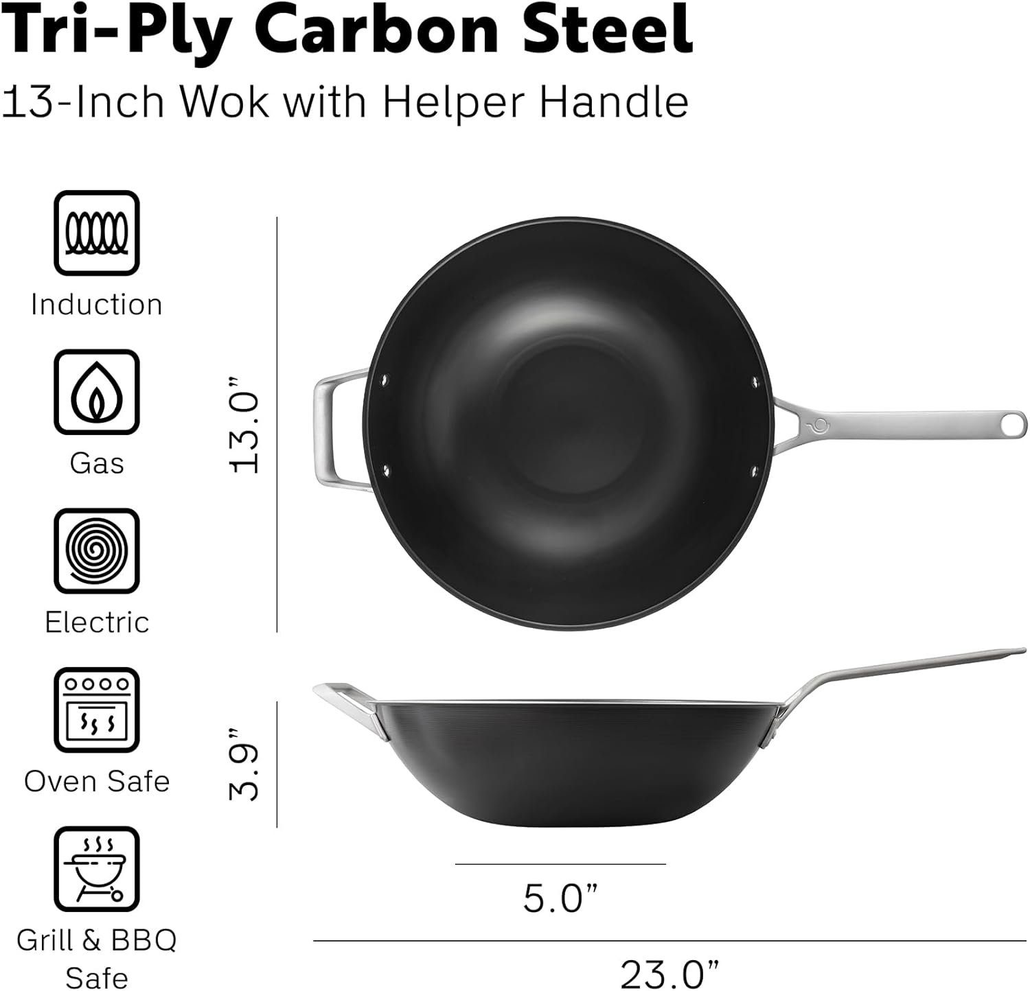 13 Inch Tri Ply Carbon Steel Wok Pan - Naturally Nonstick, Nitrided Carbon Steel - Lightweight, Non Toxic Cookware, No Coatings - Induction Wok, Oven, Outdoor Grill Cooking