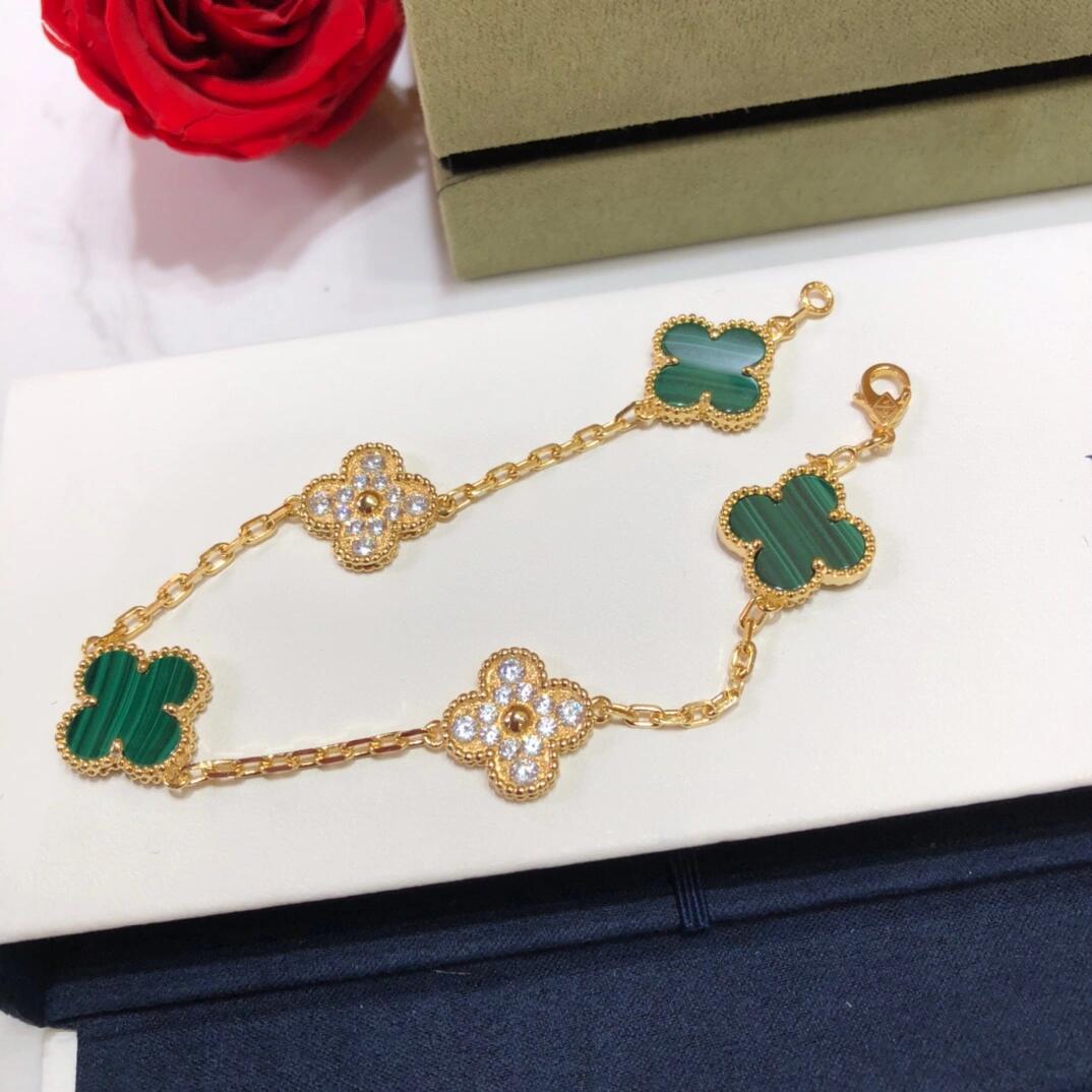 VCA Diamond and Malachite Vintage Alhambra Bracelet in Gol-tone, 5 Motifs - Original Replica Club