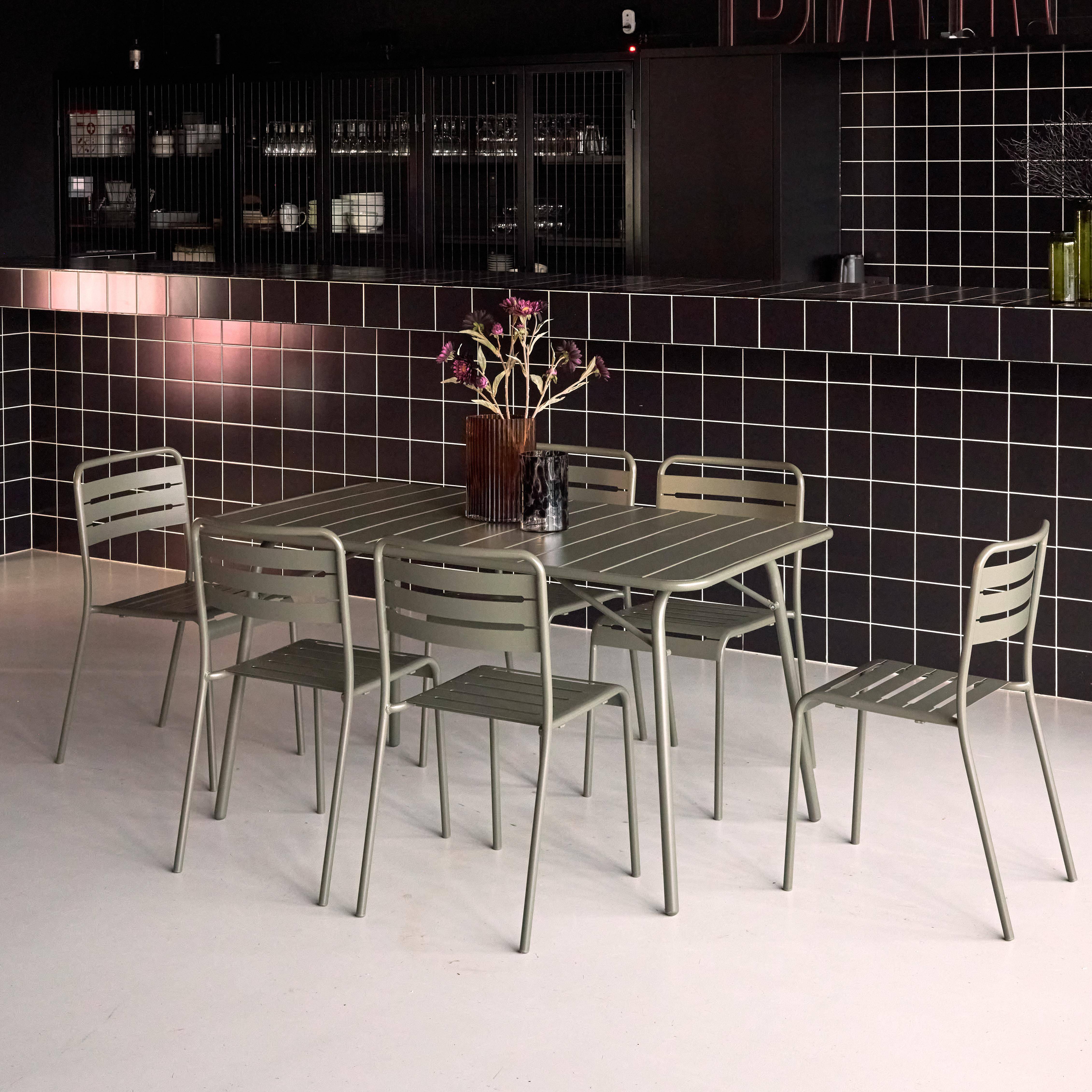 Amelia - Set mesa de jardín bistró plegable de acero con 6 sillas, 140cm