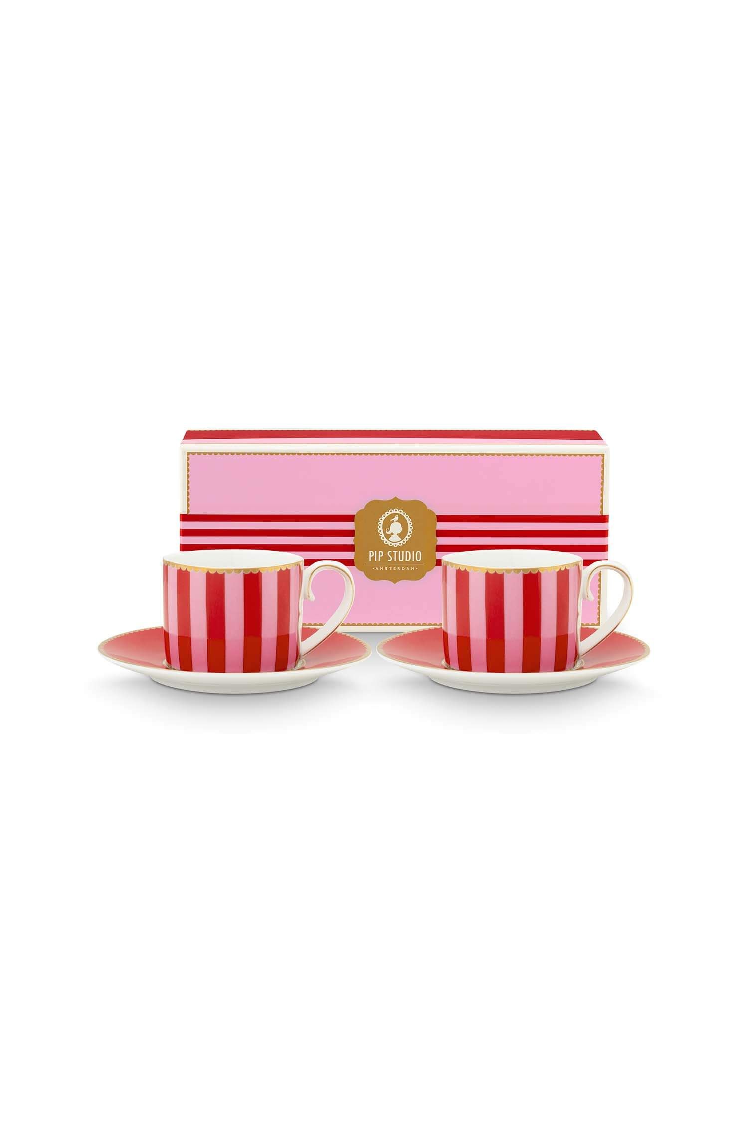 Set/2 Espresso Cups & Saucers Love Birds Stripes Red-Pink