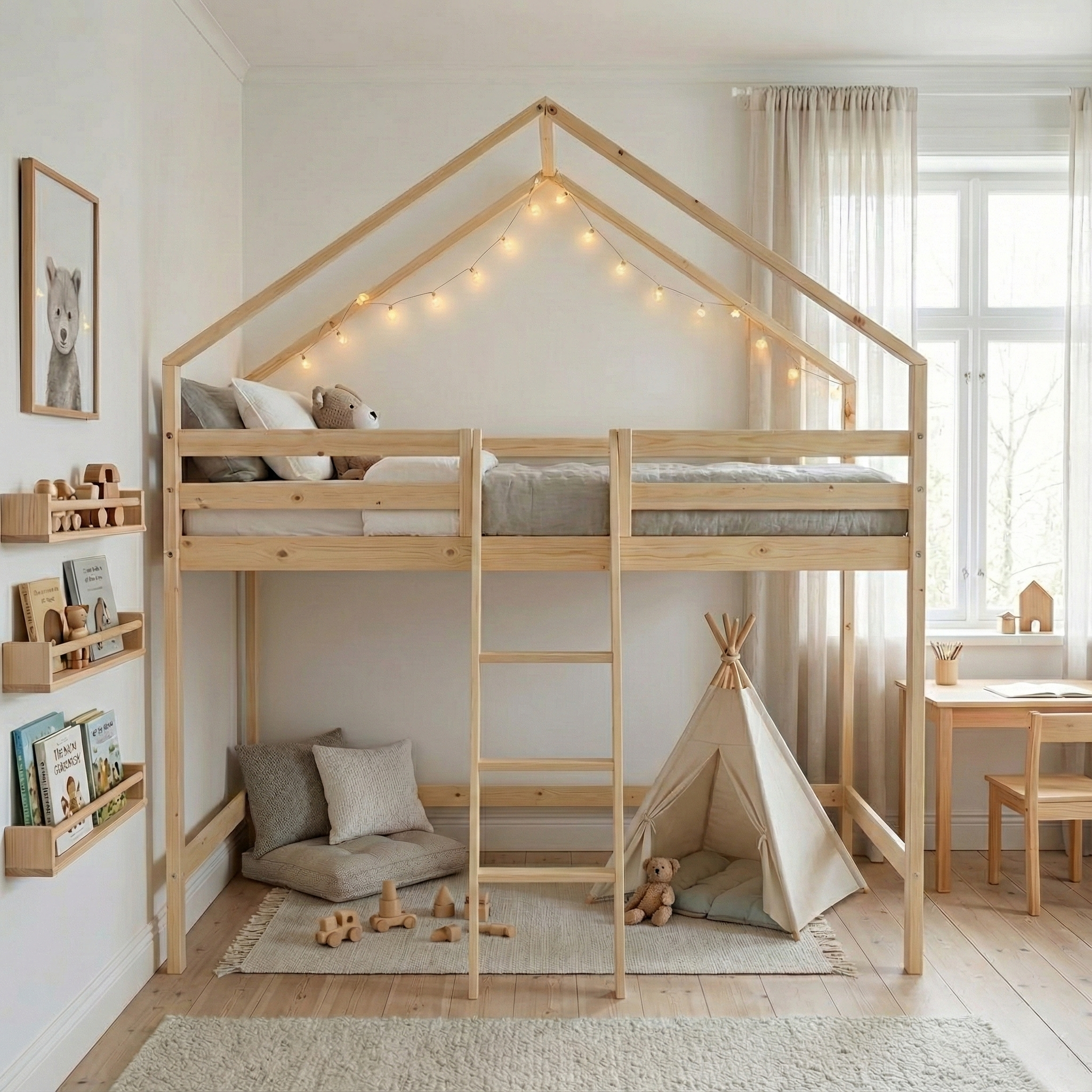 Roya - Cama infantil elevada cabaña de pino natural, 90cm