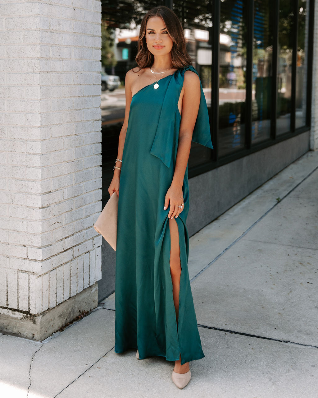 Invite Only Satin One Shoulder Maxi Dress - Dark Green - Se7enfashion