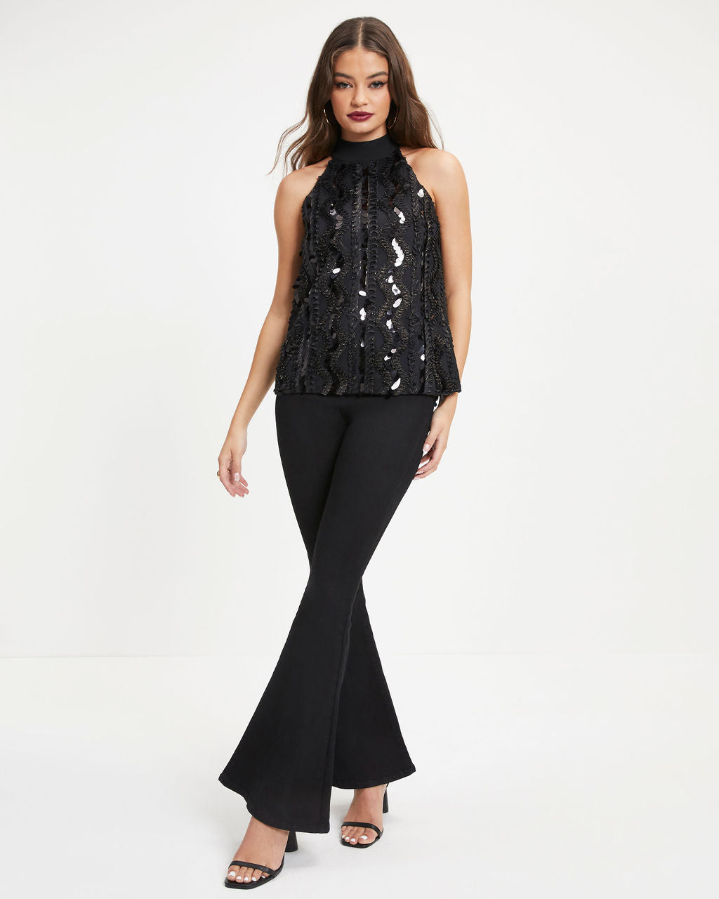 Light Of Darkness Textured Sequins Sleeveless Top - Black - Se7enfashion