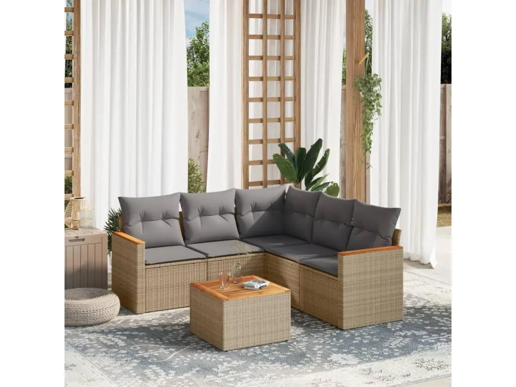 Juego de sofás jardín con cojines beige mezcla 6 pzas ratán PE