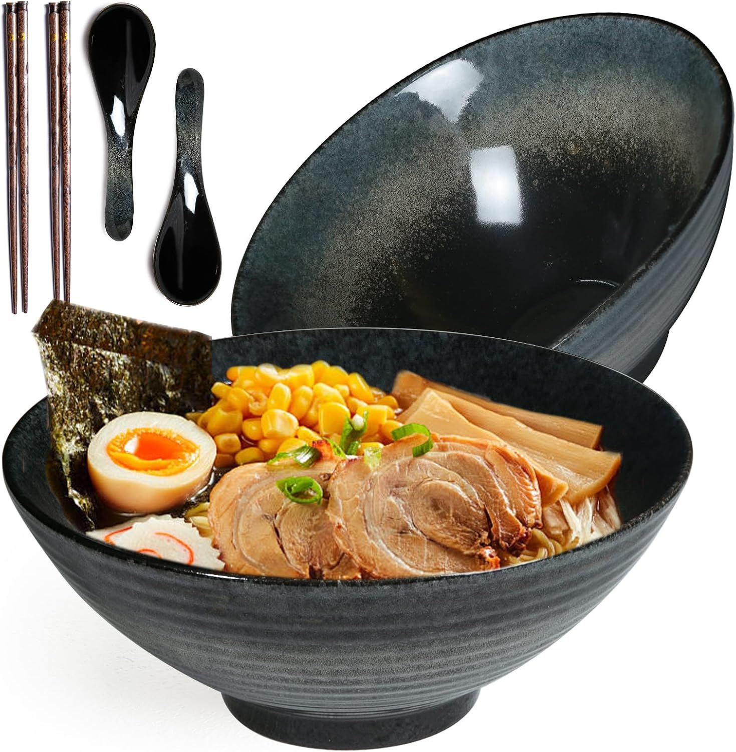 40 oz Ceramic Ramen Bowl Set of 2, Ramen Noodle Bowl with Spoons and Chopsticks 8 Inch Japanese Retro Style Large Soup, Pho, Udon Bowls, Microwave & Dishwasher Safe, Stone