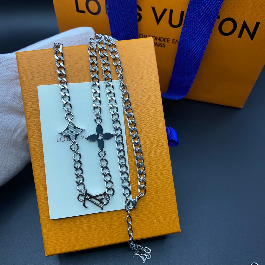 Louis Vuitton Silver Cuban Chain Monogram Necklace Mens - Original Replica Club