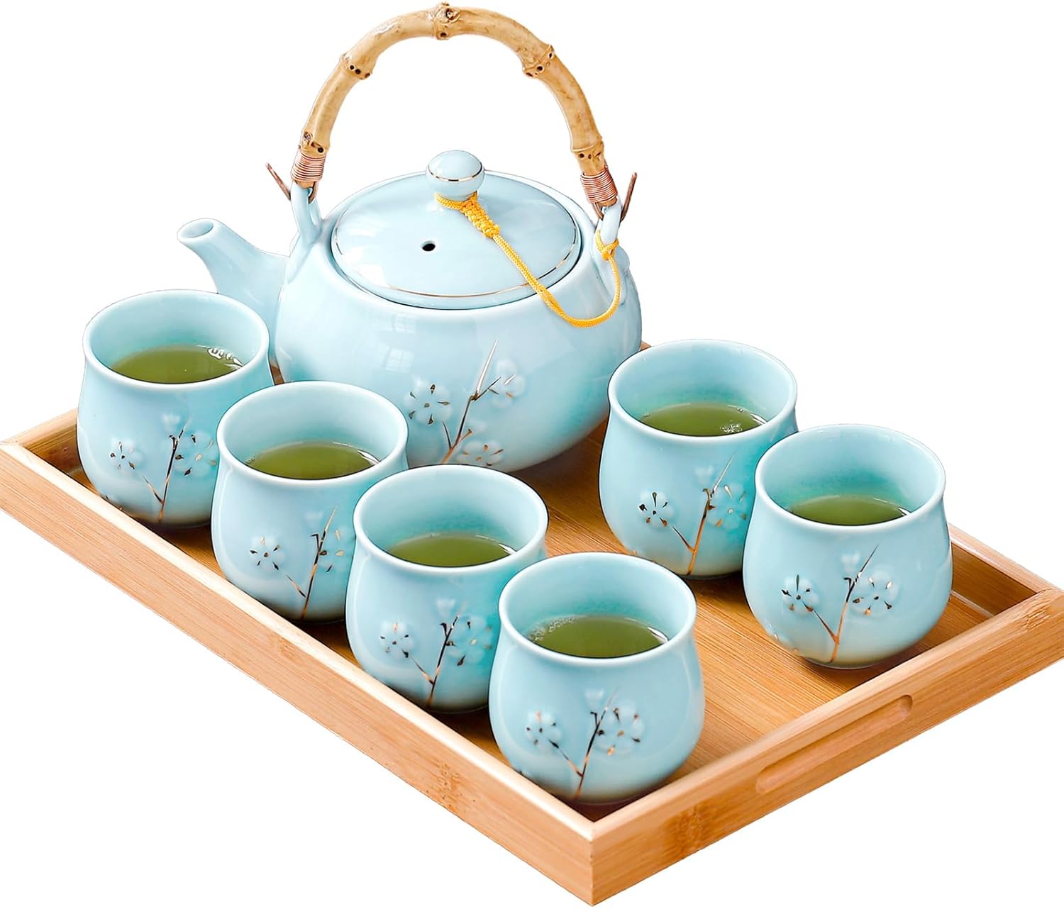 Traditional Japanese tea set, Kiln altered glaze Porcelain tea set with 1 Teapot, 6 Tea cups, 1 Tea Tray,Japanese teapot set, Asian tea sets (Kiln altered-Green)